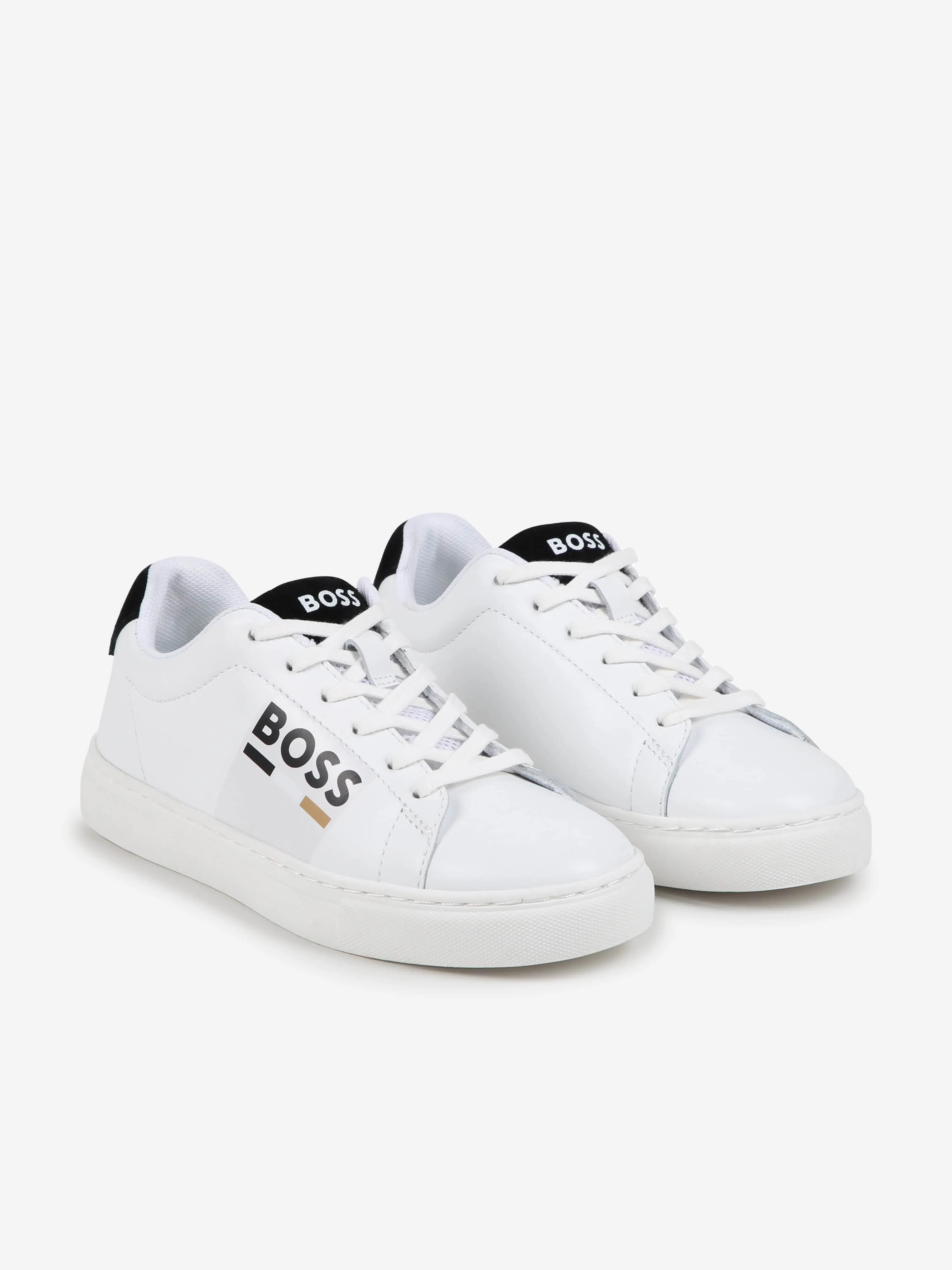 BOSS Boys Leather Logo Trainers in White