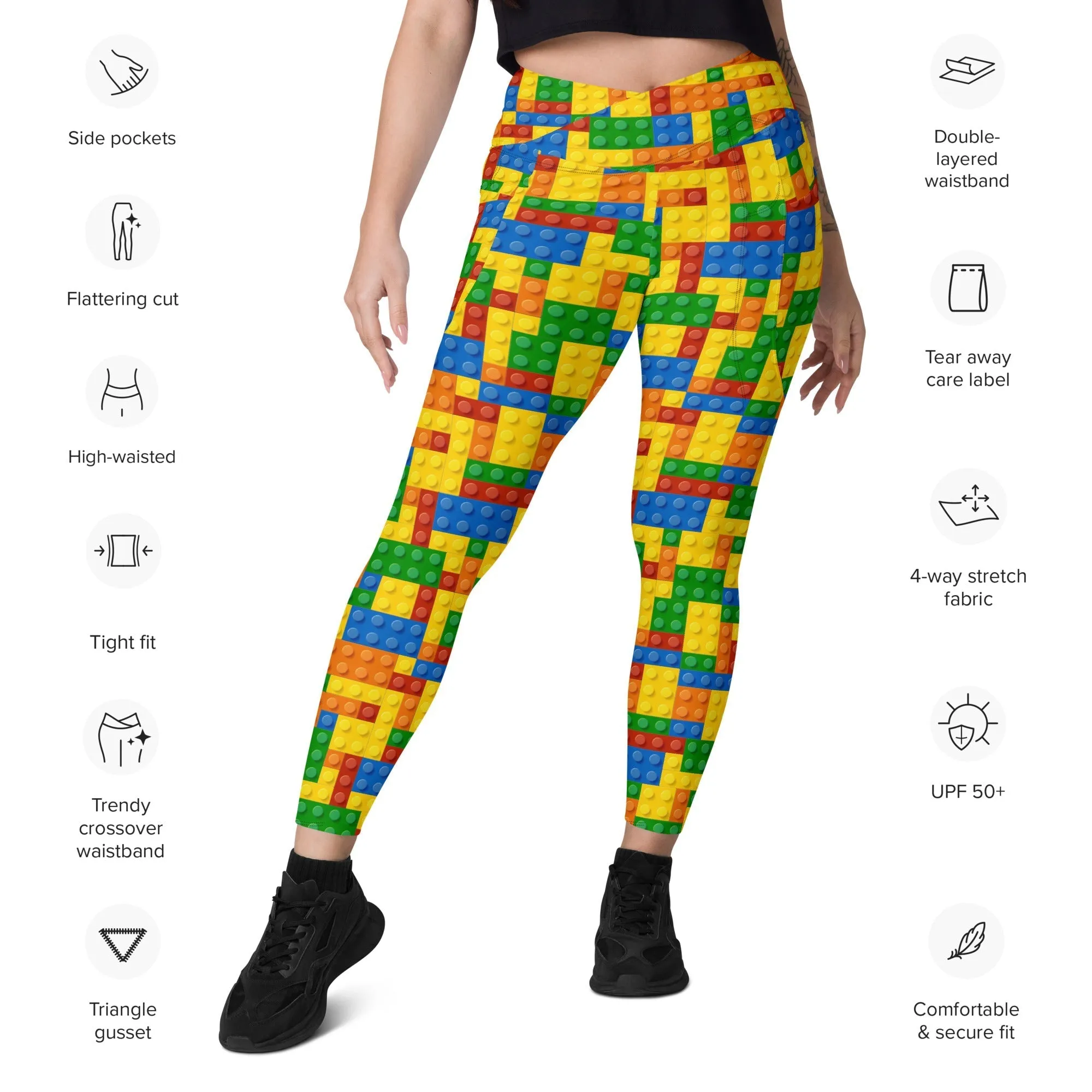 Colorful Blocks Crossover Leggings With Pockets