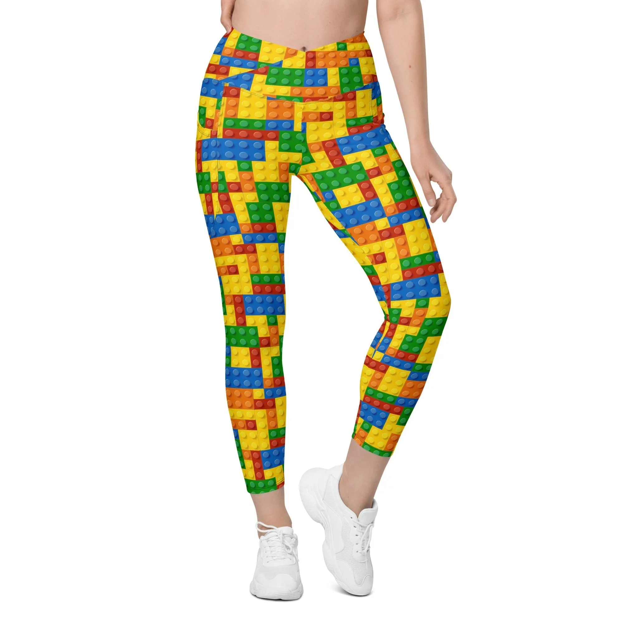 Colorful Blocks Crossover Leggings With Pockets