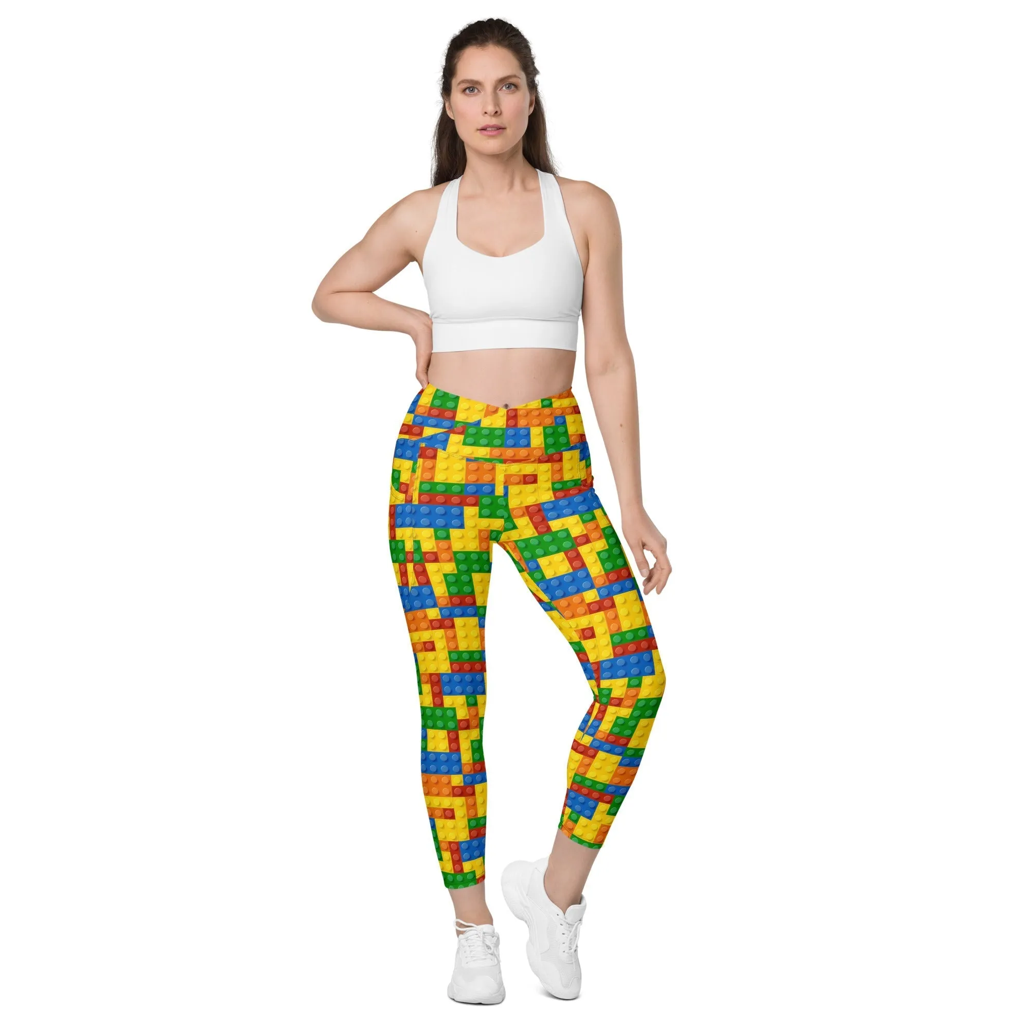 Colorful Blocks Crossover Leggings With Pockets