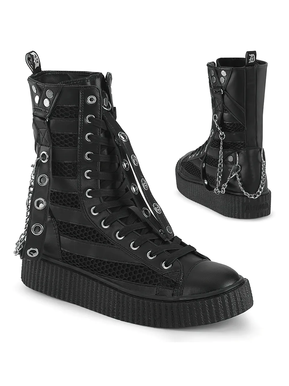 DEMONIA Gothic Mid-Calf Creeper Black Sneakers with Chains