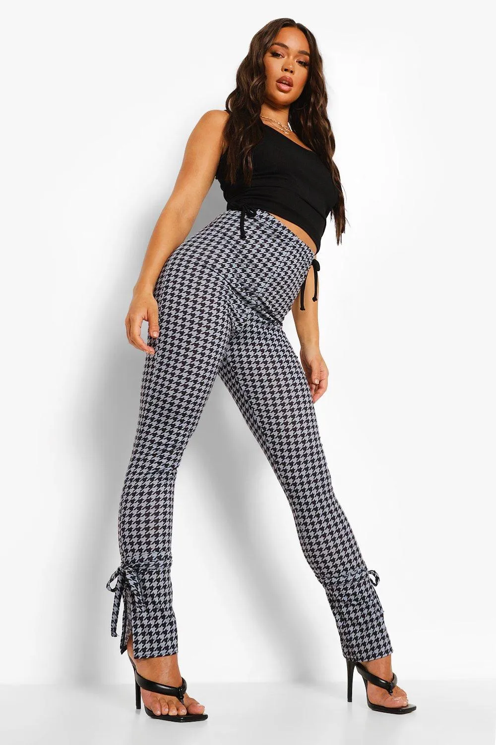 Dogtooth Check Split Hem Tie Ankle Leggings