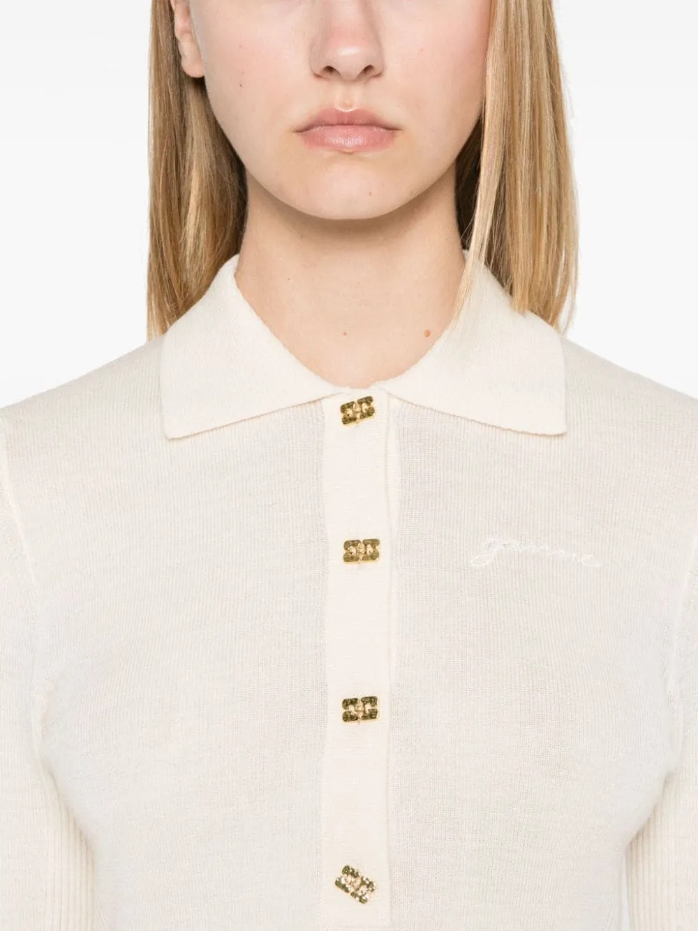 GANNI merino wool polo top - Neutrals