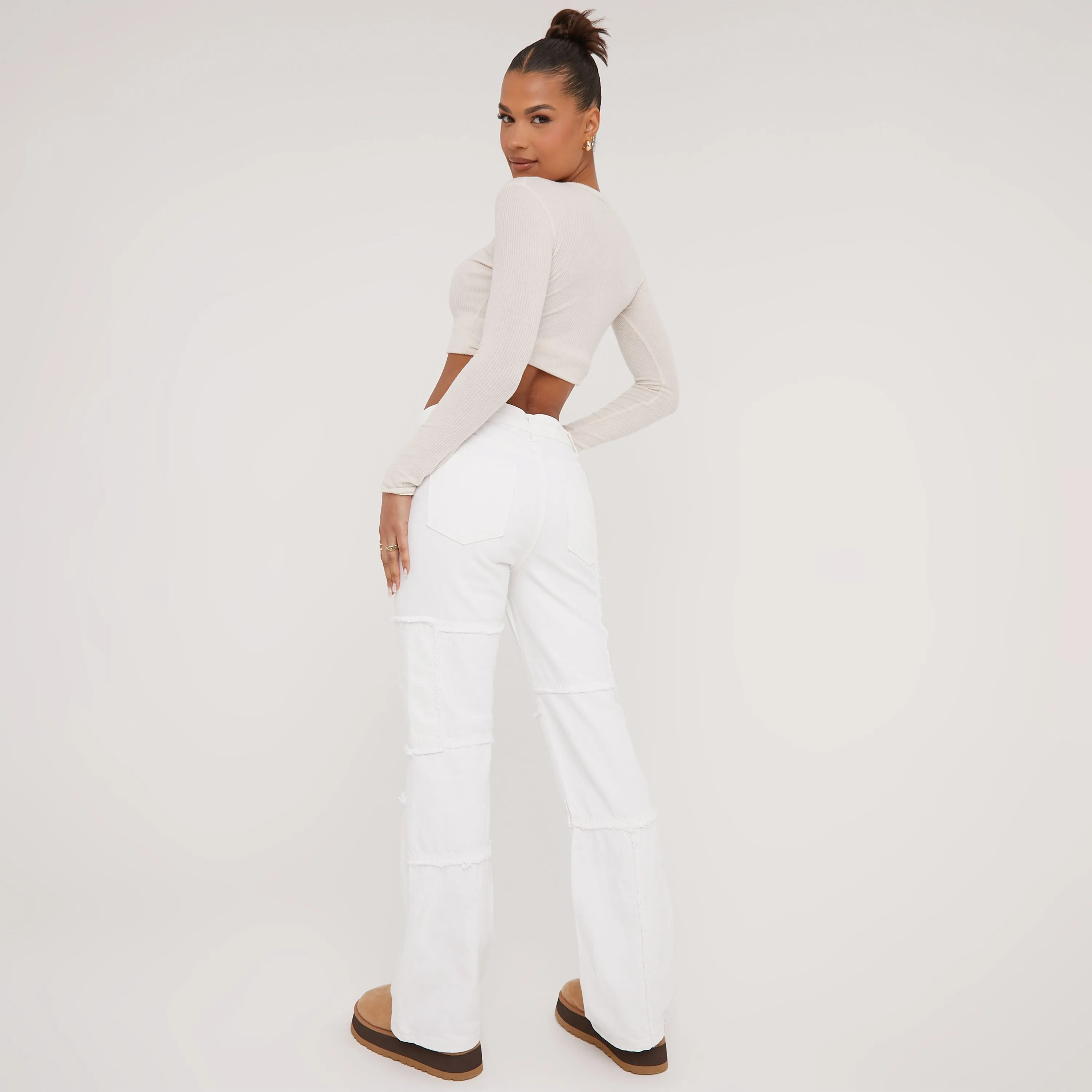 High Waist Distressed Multi Pocket Detail Straight Leg Jeans In Cream Denim