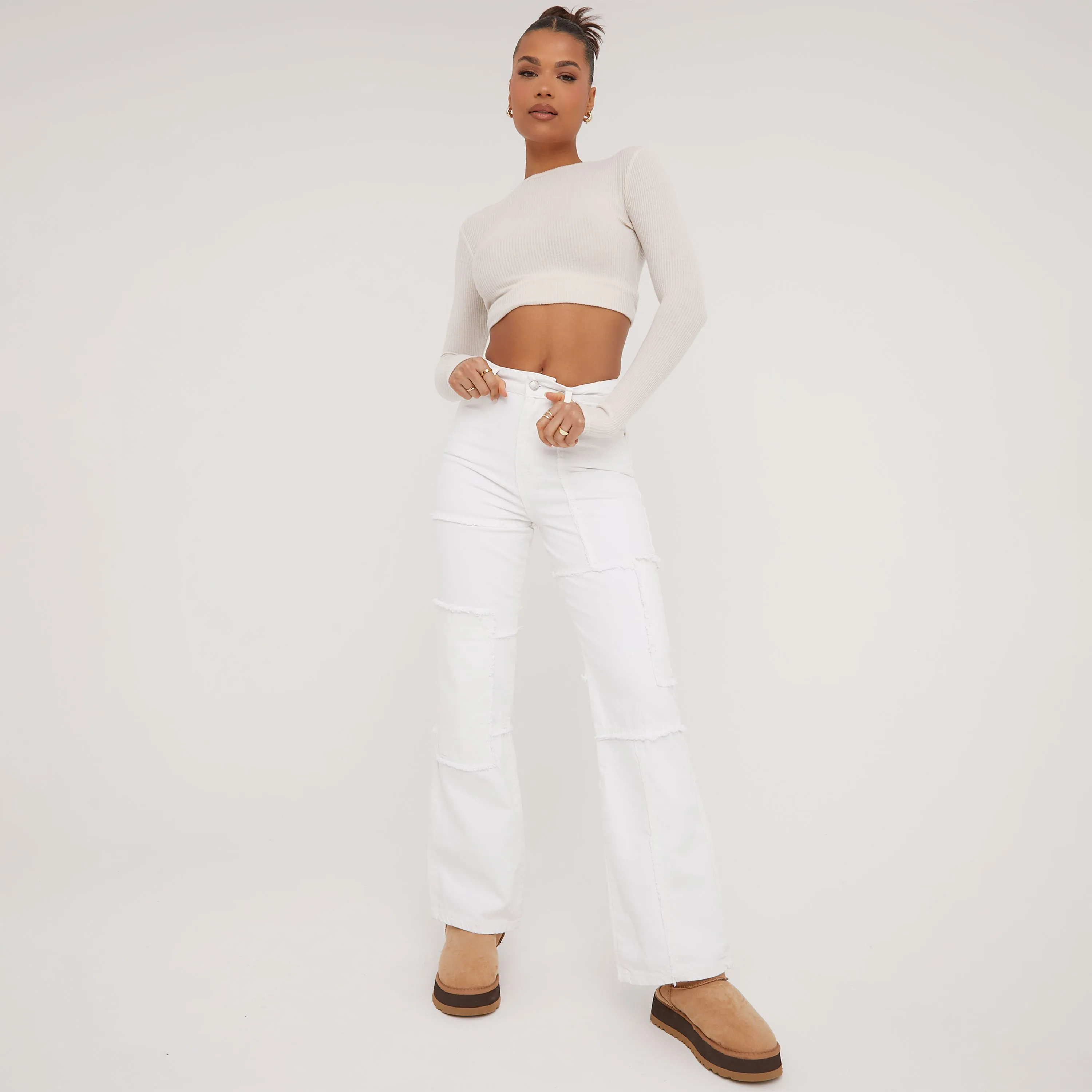 High Waist Distressed Multi Pocket Detail Straight Leg Jeans In Cream Denim