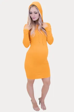 Hooded Mesh Mini Maternity Dress in Mustard