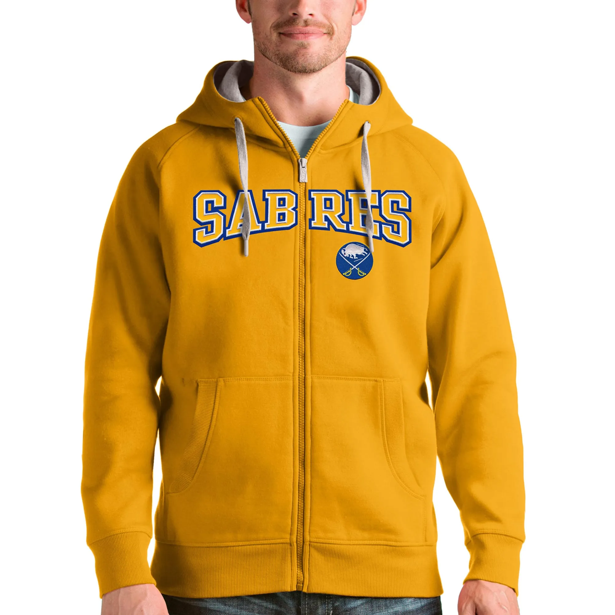 Men's Buffalo Sabres Antigua Gold Wordmark Victory Full-Zip Hoodie