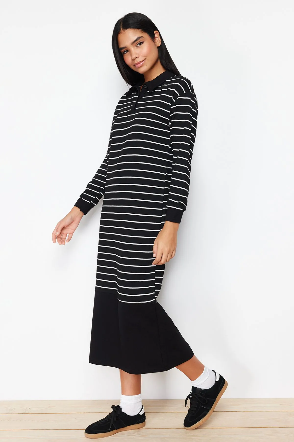 Oversize Polo Neck Knitted Striped Dress