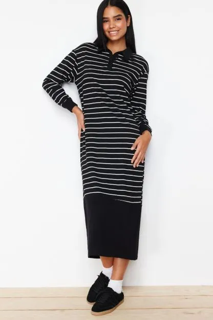 Oversize Polo Neck Knitted Striped Dress