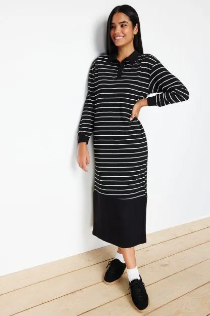 Oversize Polo Neck Knitted Striped Dress