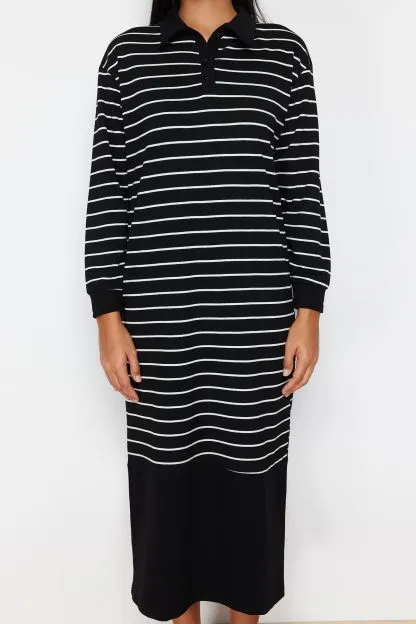 Oversize Polo Neck Knitted Striped Dress