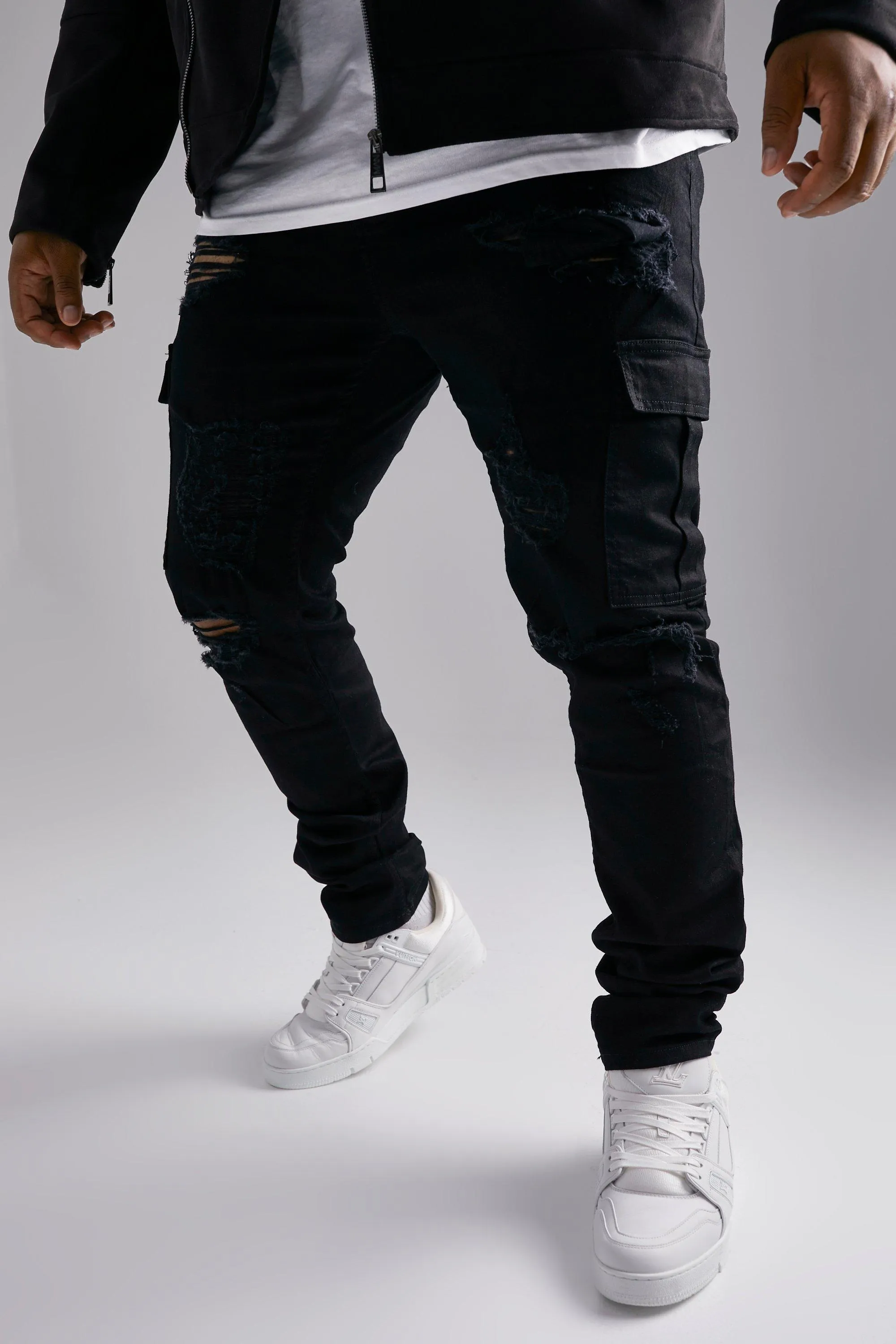 Plus Skinny Rip & Repair Biker Cargo Stacked Jeans