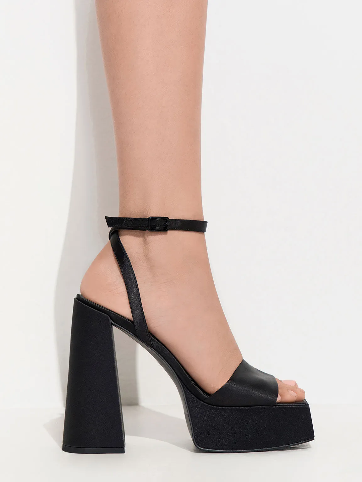 Recycled Polyester Ankle-Strap Platform Sandals - Black Textured