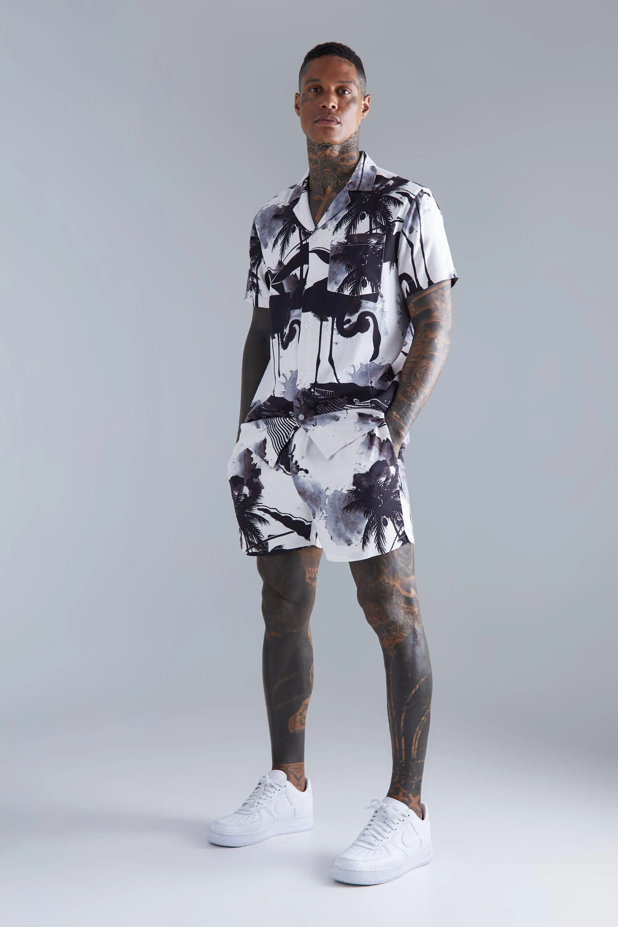 Short Sleeve Palm Shirt And Short Set | boohooMAN UK