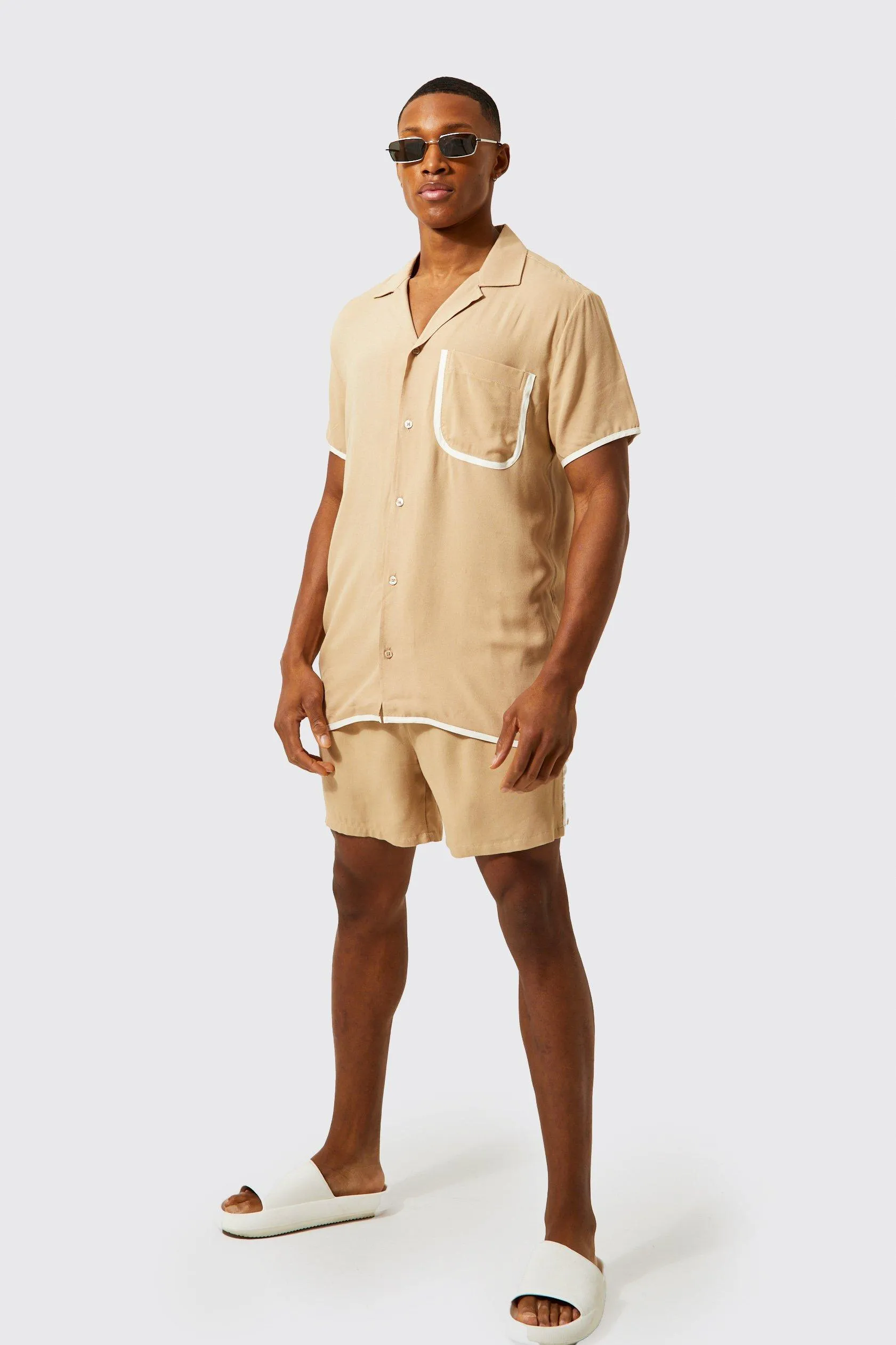 Short Sleeve Piping Shirt And Short | boohooMAN UK