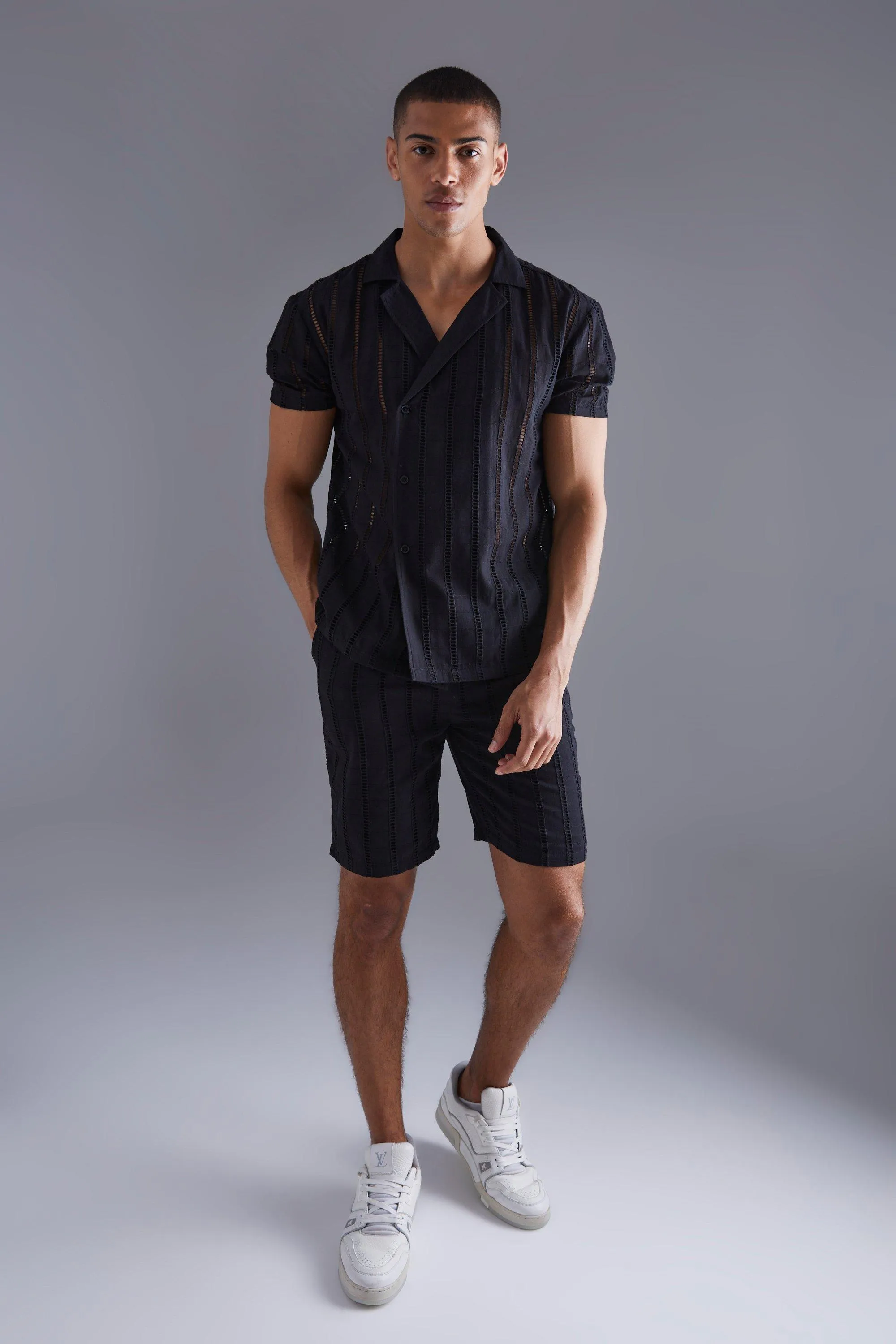 Short Sleeve Wrap Embroidered Shirt And Short Set | boohooMAN UK