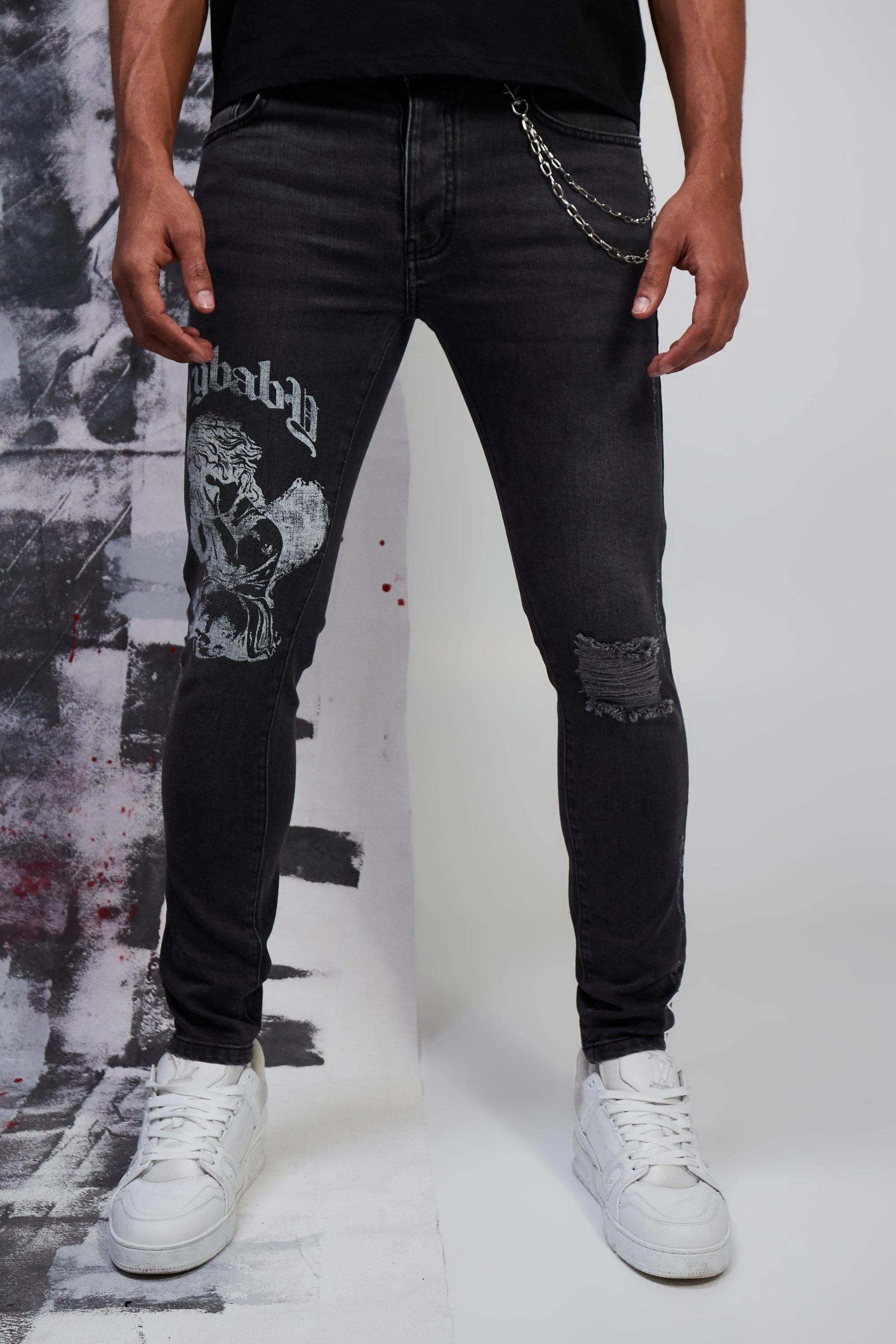 Skinny Stretch Graphic Jeans With Chain