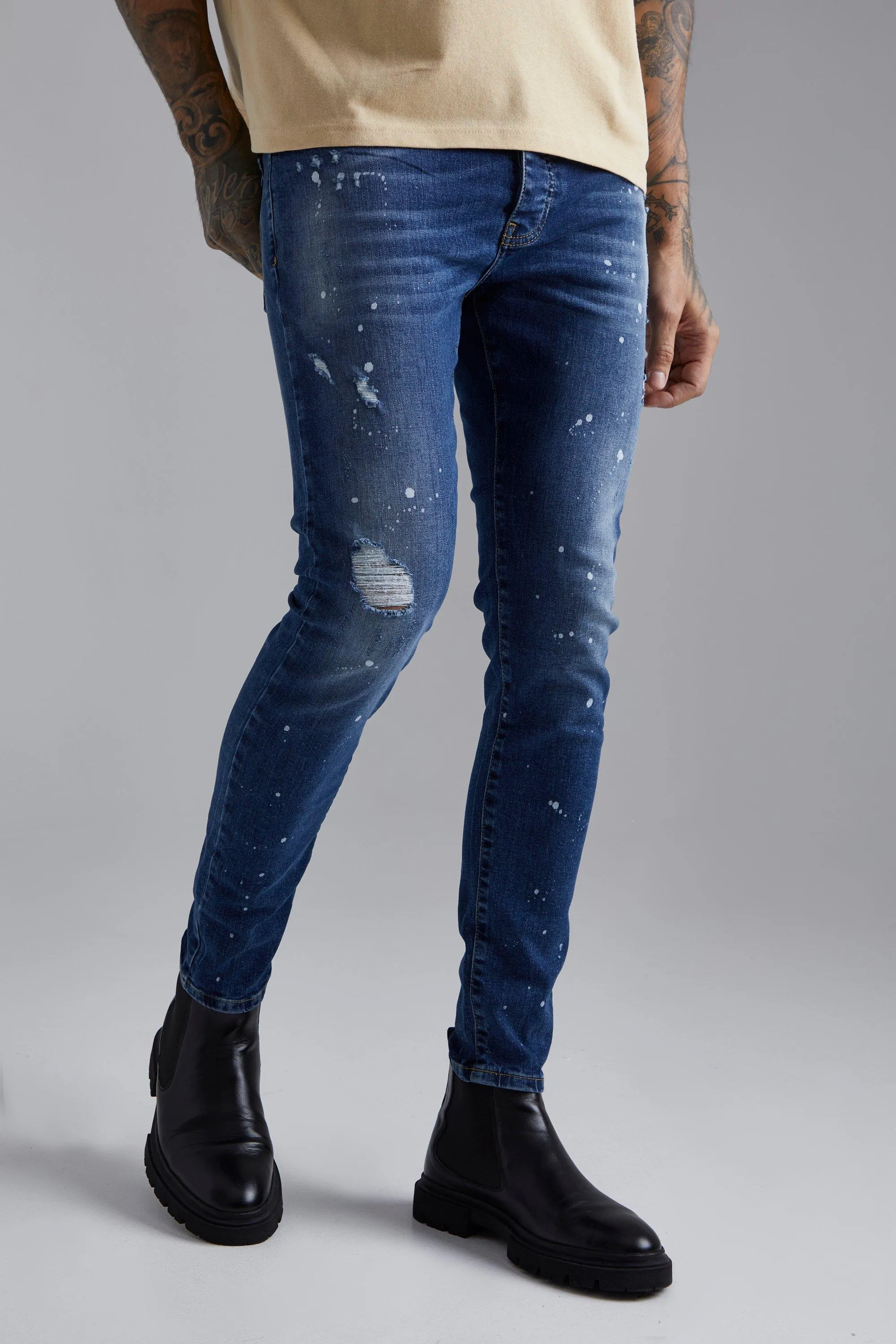 Skinny Stretch Ripped Stud Pocket Jeans