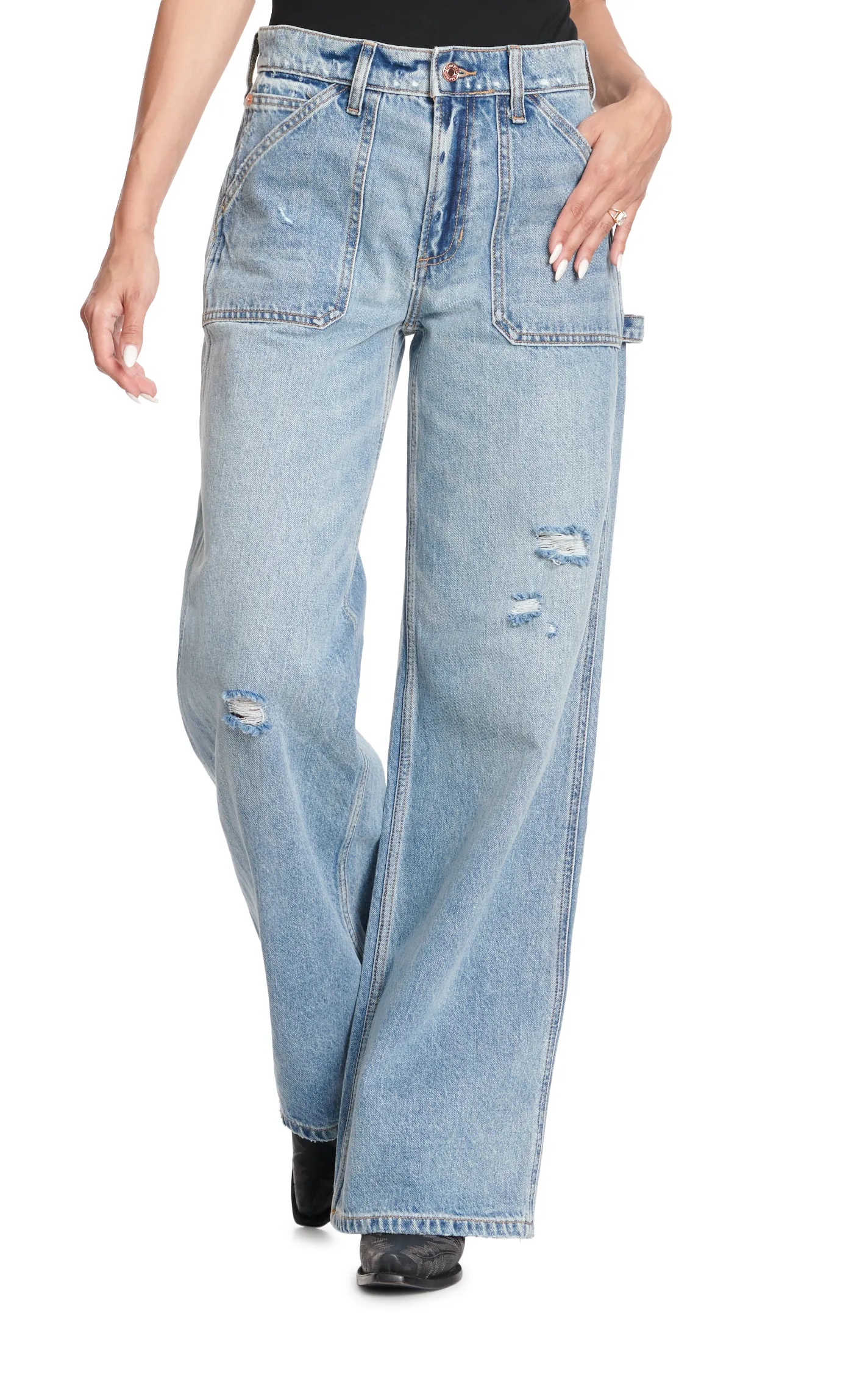 Sneak Peek Women's Light Wash Wide Leg Distressed Utility Jeans