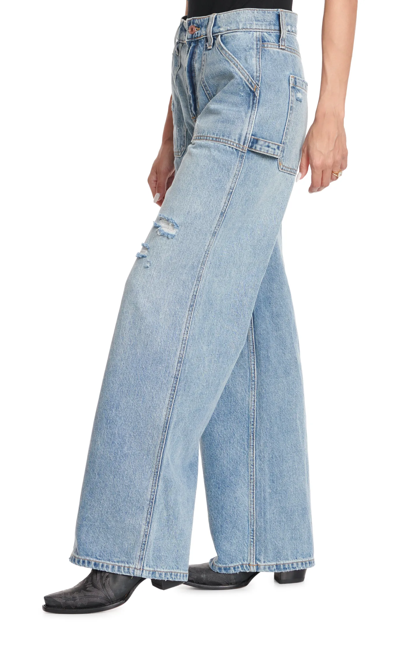 Sneak Peek Women's Light Wash Wide Leg Distressed Utility Jeans