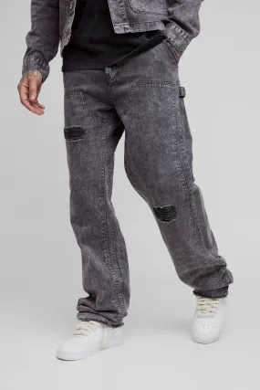 Tall Acid Wash Distressed Relaxed Fit Carpenter Trousers