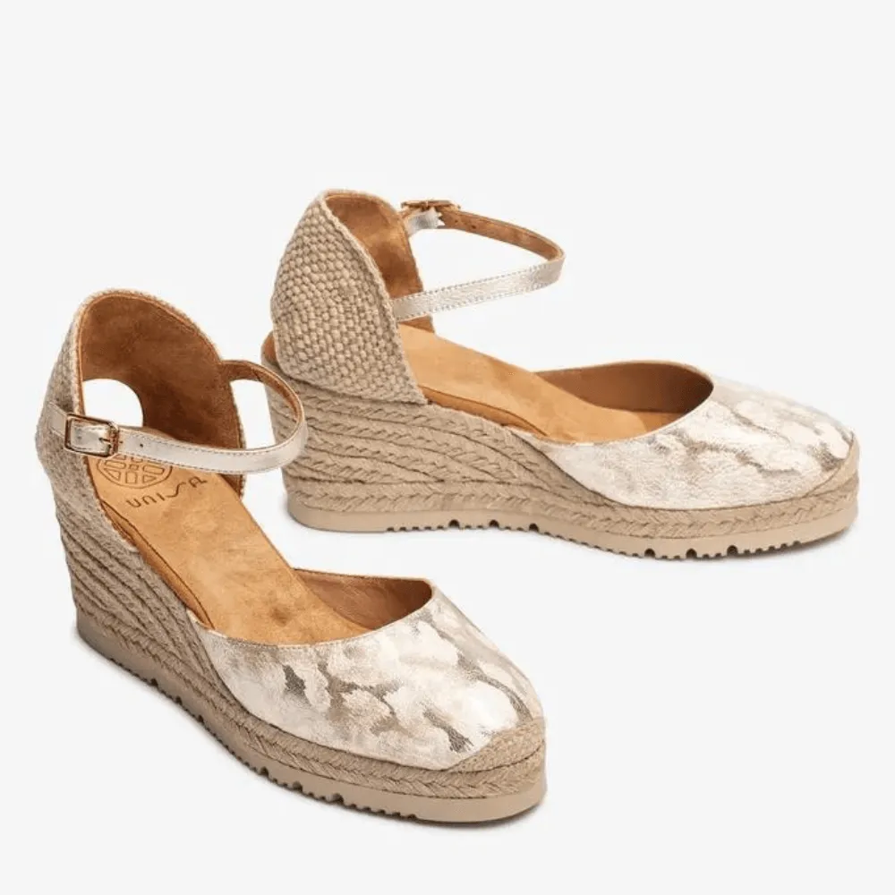 Unisa CASTILLA Gold Blurred Leopard Raffia Wedge Sandals