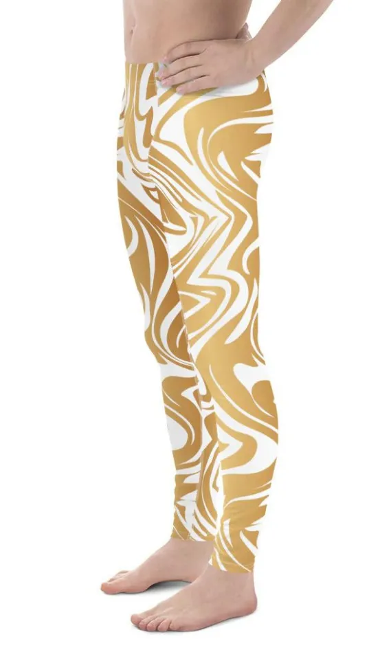 White & Gold Print Men's Leggings