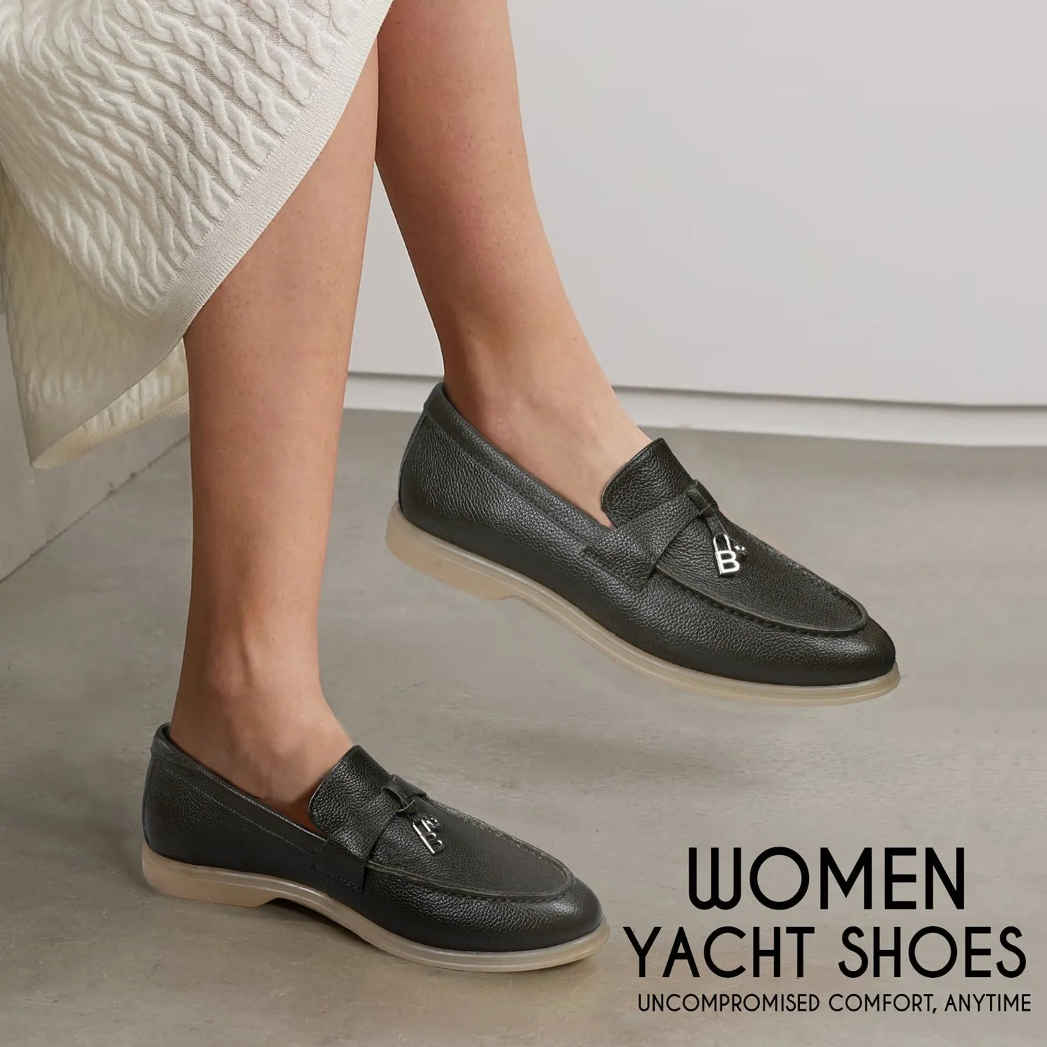 Women Yacht Slip-On Shoes in Textured Dark Green Leather